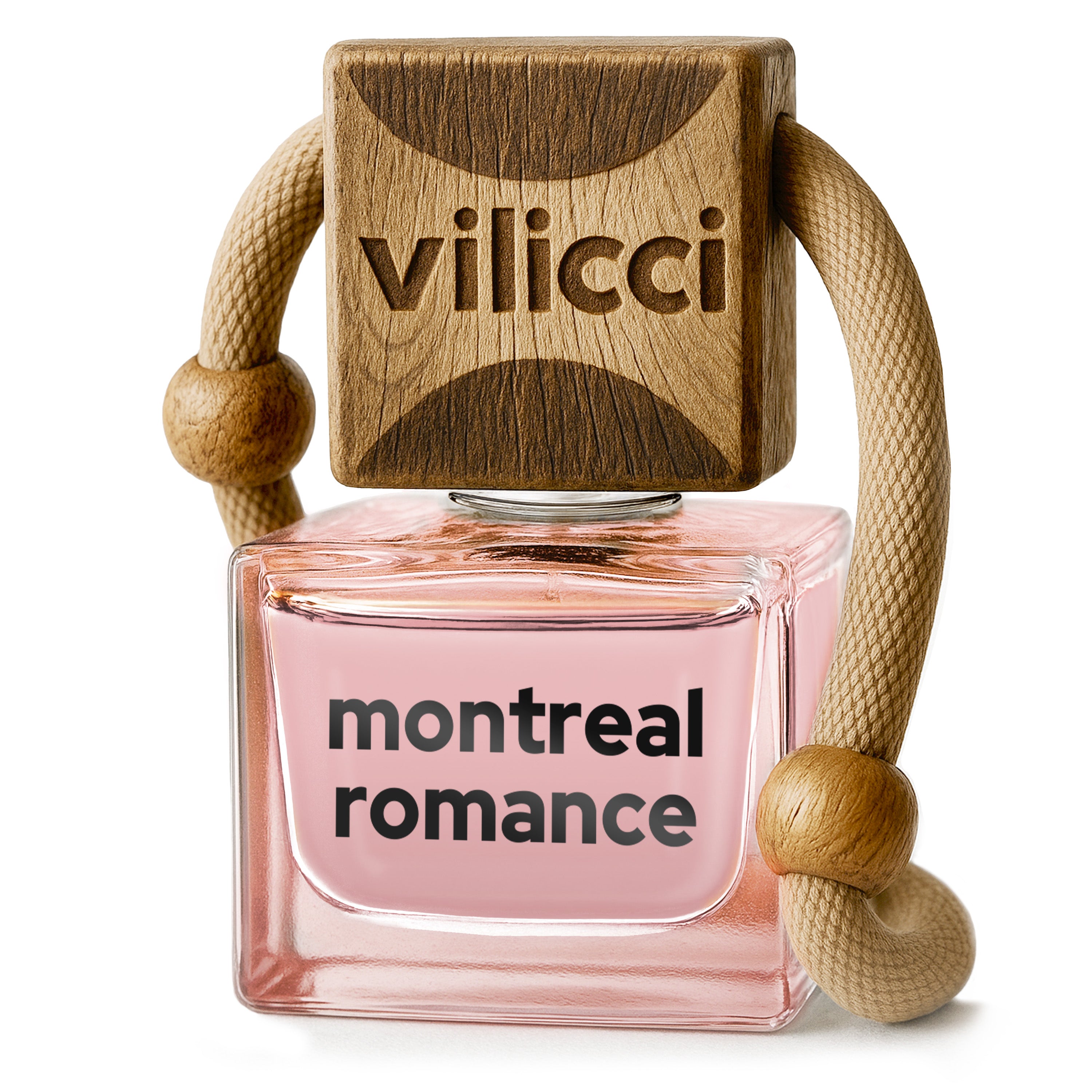 Vilicci Montreal Romance car diffuser in square glass bottle with pink-hued fragrance and engraved cap